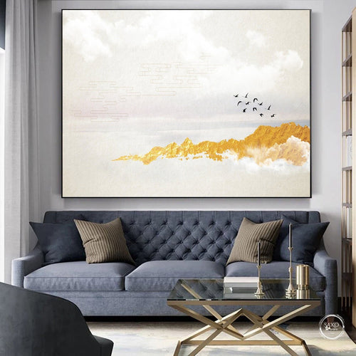 Abstract Gold Leaf Horizon Painting Birds Fly Away